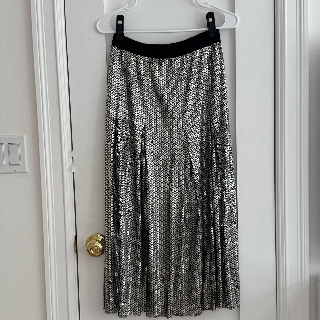 Maje Sequin Midi Skirt Silver Black Pleated A-Line Skirt Size